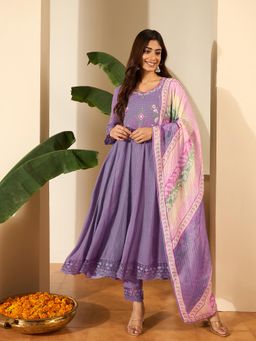 INDDUS - Women Lavender Wedding Flared Fit Anarkali Kurta and Pant with Dupatta