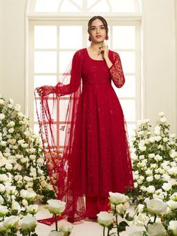 INDDUS - Women Red Festive Flared Fit Anarkali Kurta and Pant with Dupatta