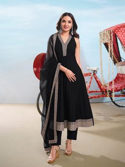 INDDUS - Women Black Festive Flared Fit Anarkali Kurta and Pant with Dupatta