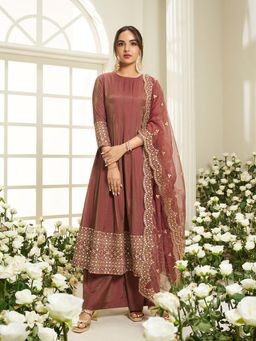 INDDUS - Women Mauve Festive Flared Fit Anarkali Kurta and Pant with Dupatta