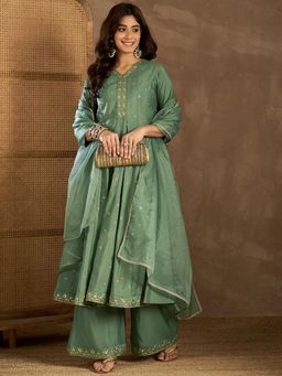 INDDUS - Women Green Festive Flared Fit Anarkali Kurta and Pant with Dupatta