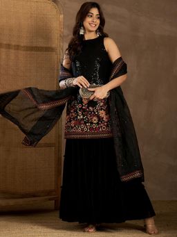 INDDUS - Women Black Wedding A-Line Fit Kurta and Sharara and Dupatta