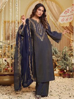 INDDUS - Women Navy Blue Festive A-Line Fit Kurta and Palazzo with Dupatta