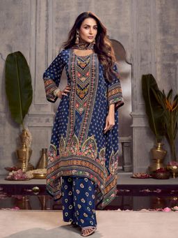 INDDUS - Women Navy Blue Festive Flared Fit Kurta and Pant with Dupatta