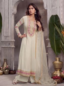INDDUS - Women Off White Festive Flared Fit Anarkali Kurta and Pant with Dupatta