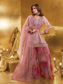 INDDUS - Women Pink Festive A-Line Fit Kurta and Palazzo with Dupatta