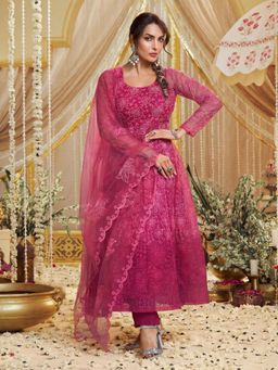 INDDUS - Women Pink Festive Flared Fit Anarkali Kurta and Pant with Dupatta