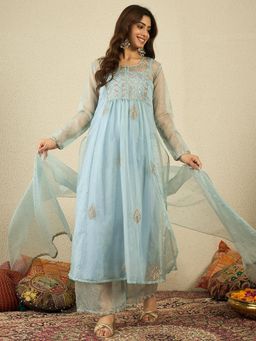 INDDUS - Women Blue Festive Flared Fit Kurta and Palazzo with Dupatta