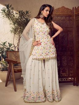 INDDUS - Women Off White Wedding A-Line Fit Kurta and Sharara and Dupatta