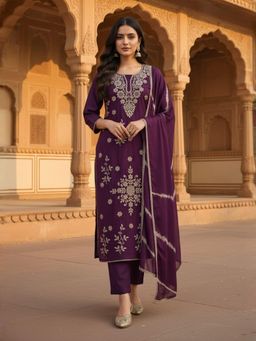 INDDUS - Women Purple Festive Straight Fit Kurta and Pant with Dupatta