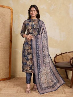 INDDUS - Women Navy Blue Festive Straight Fit Kurta and Pant with Dupatta