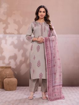 INDDUS - Women Grey Festive Straight Fit Kurta and Pant with Dupatta