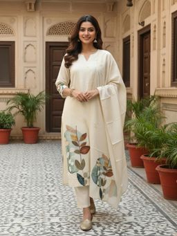 INDDUS - Women Off White Festive A-Line Fit Kurta and Trouser and Dupatta