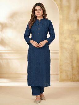 INDDUS - Women Navy Blue Festive Straight Fit Kurta and Pant