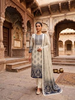 INDDUS - Women Off White Festive Straight Fit Kurta and Trouser and Dupatta