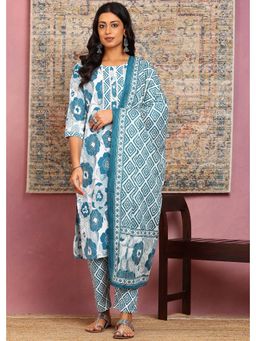 Saffe - Women Teal Festive Straight Fit Kurta and Trouser and Dupatta