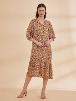 B77 - Eda - Printed Satin Chiffon Dress With Frill Hemline