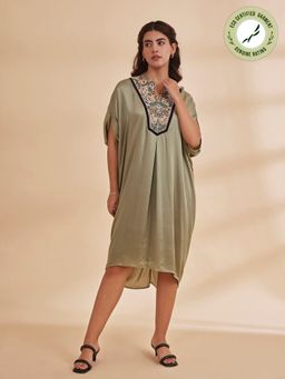 B77 - Ellaba - Draped Satin Kaftan Dress With Floral Embroidery