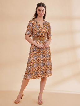 B77 - Milodia - Printed Satin Chiffon Shirt Dress with Belt