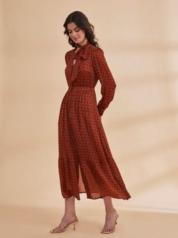 B77 - Ozga - Printed Satin Chiffon Brown Dress With Neck Tie