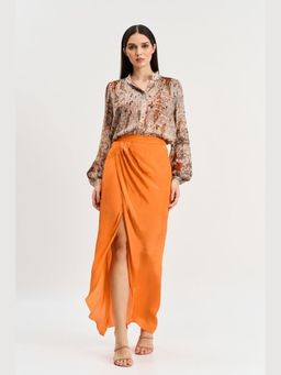 KOSWI - Women Red Cotton Silk Abstract Printed Shirt with Skirt