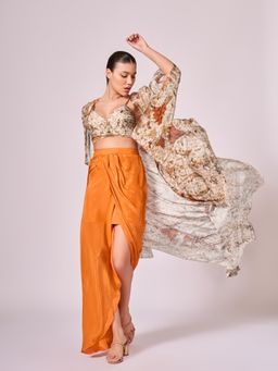 KOSWI - Women Brown Cotton Silk Abstract Capes