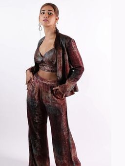 KOSWI - Women Maroon Cotton Silk Abstract Blazer