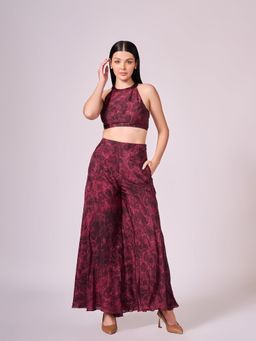 KOSWI - Women Wine Cotton Silk Abstract Printed Crop Top with Palazzo