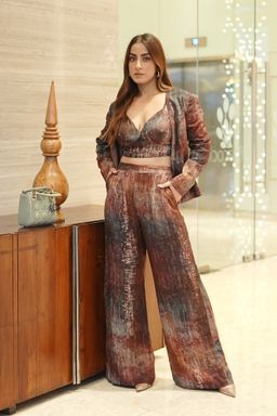 KOSWI - Women Brown Cotton Silk Abstract Printed Co-Ord Set