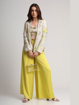 KOSWI - Women Beige Viscose Embellished Bustier with Blazer and Pant