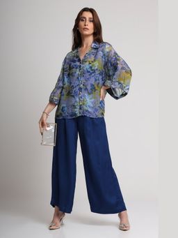 KOSWI - Women Blue Viscose Floral Printed Shirt with Pant