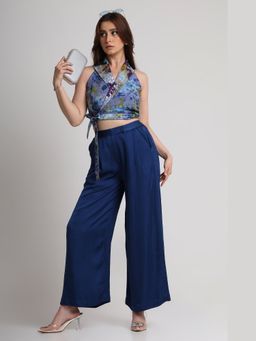 KOSWI - Women Blue Viscose Embellished Crop Top with Pant