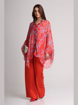 KOSWI - Women Red Viscose Embellished Kaftan with Pant