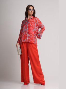 KOSWI - Women Red Viscose Abstract Printed Shirt with Pant