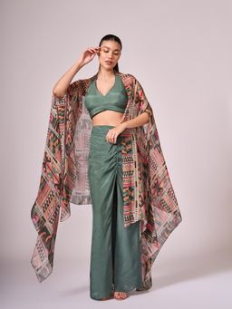 KOSWI - Women Green Cotton Silk Geometric Printed Crop Top with Cape and Skirt