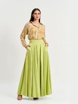 KOSWI - Women Beige Cotton Silk Geometric Printed Shirt with Skirt