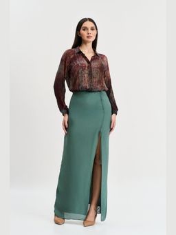 KOSWI - Women Brown Cotton Silk Abstract Printed Shirt with Skirt