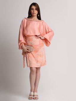 KOSWI - Women Peach Viscose Embellished Top with Skirt