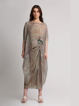 KOSWI - Women Beige Viscose Embellished Kaftan with Skirt