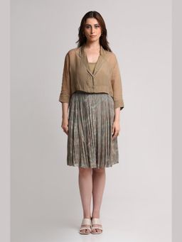 KOSWI - Women Brown Viscose Solid Shirt with Inner Top and Skirt