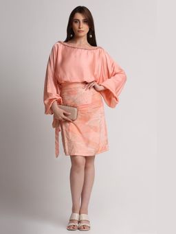 KOSWI - Peach Abstract Flowers Lines Print Skirt