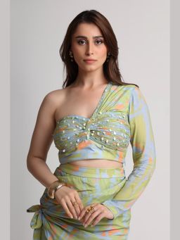 KOSWI - Green Blue Abstract Print Crop Top