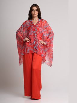 KOSWI - Red Abstract Floral Print Kaftan Top