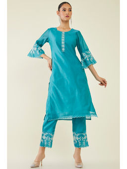 Soch - Women Teal Chanderi Solid Kurta (Set of 2)