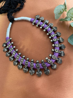 Digital Dress Room - Silver Choker Floral Pendants In Purple Cord