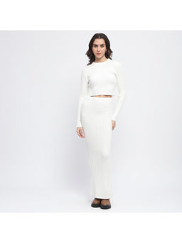 Madame - White Textured Full Sleeve Top with Skirt (Set of 2)