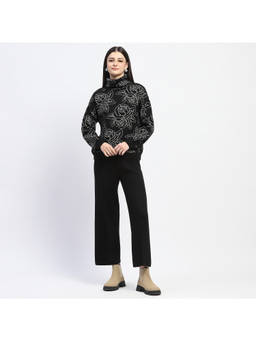 Madame - Black Floral Print Sweater with Straight Fit Pant (Set of 2)