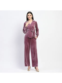 Madame - Purple Velvet Collar Top with Pant & Belt (Set of 3)