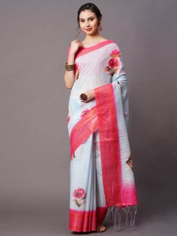 Odette - Sky Blue Festive Linen Blend Printed Saree with Unstitched Blouse