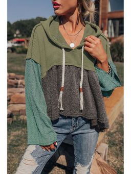Errabelly - Laurel Green Mixed Colorblock Patchwork High Low Hooded Top